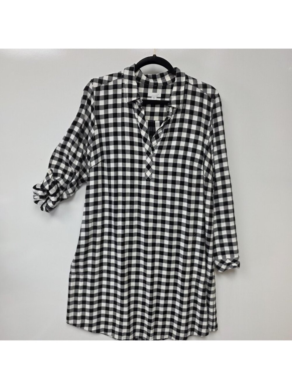 J. Jill Shirt Dress Womens Large Black White Gingham 3/4 Roll Tab Pockets